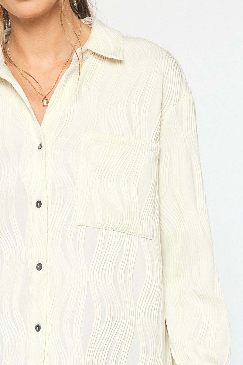 Entro Cream button down top with monochromatic textured wave pattern