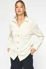 Entro Cream button down top with monochromatic textured wave pattern