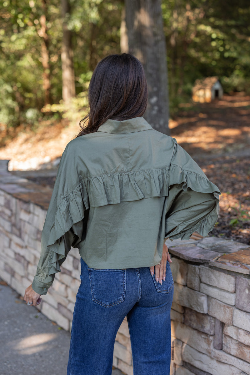 olive ruffle back western button down top