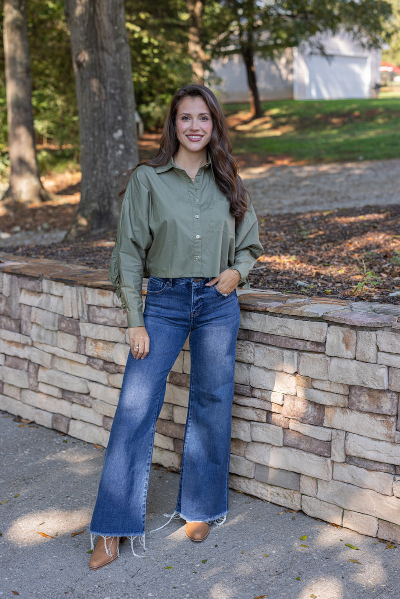 olive ruffle back western button down top