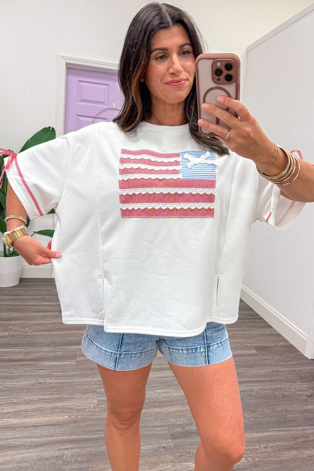 white with quilted patch american flag relaxed silhouette terry knit top