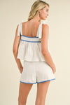 &merci White babydoll top and shorts set with blue scalloped embroidered trim