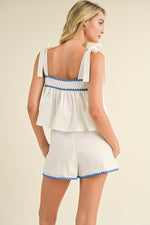 &merci White babydoll top and shorts set with blue scalloped embroidered trim