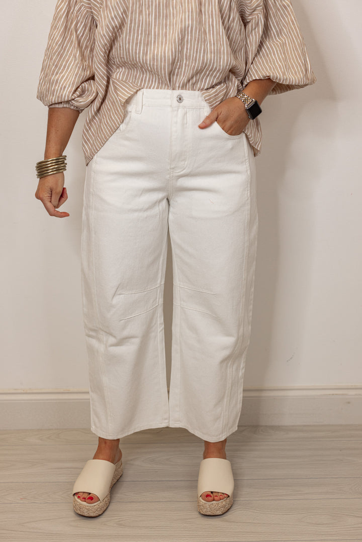 white narrow barrel leg denim pants