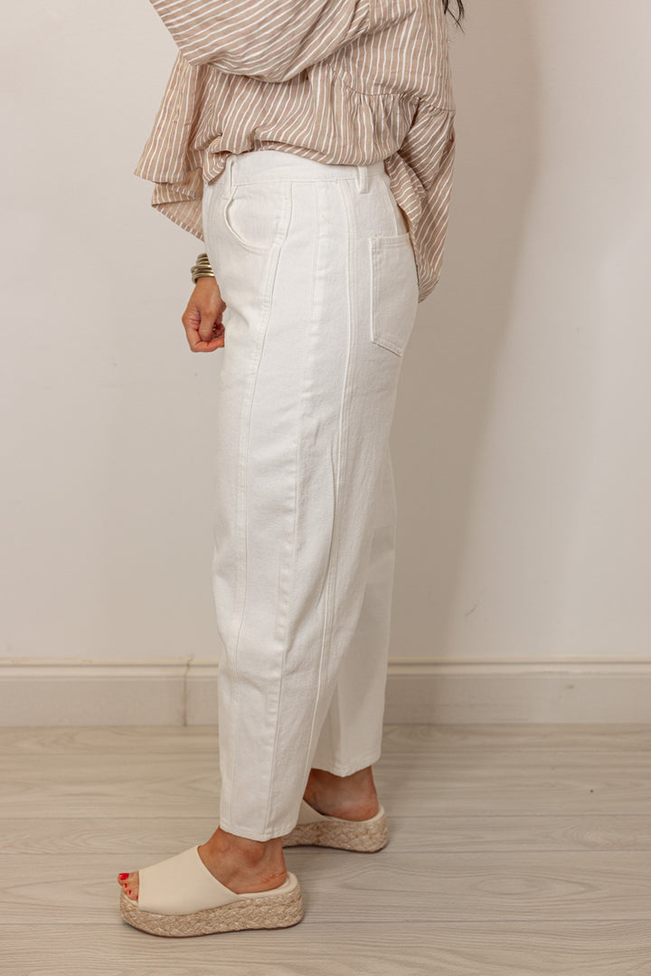 white narrow barrel leg denim pants