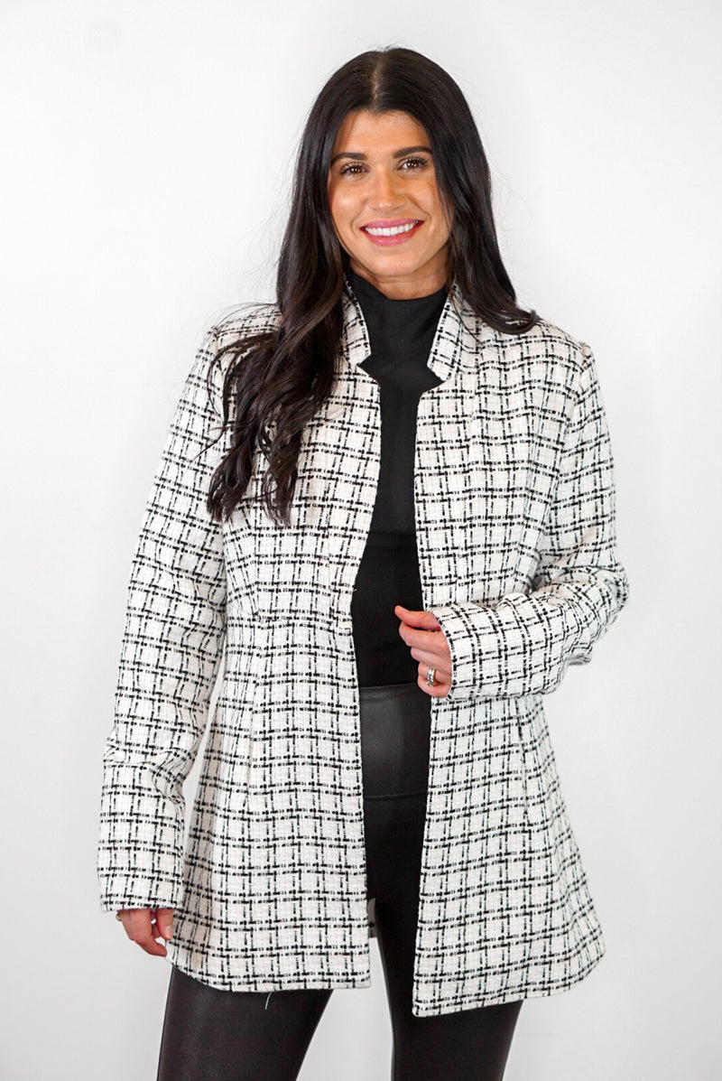 black white tweed blazer