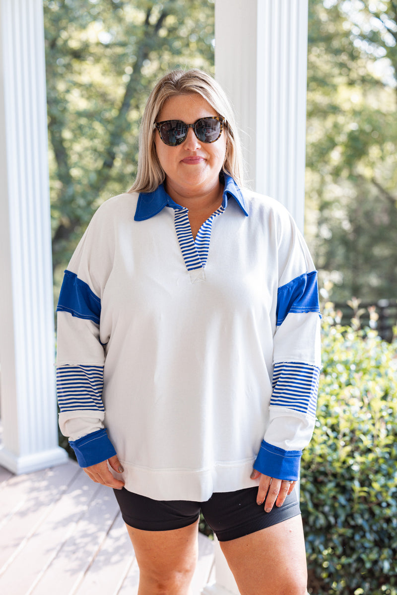 blue white collared gameday pullover