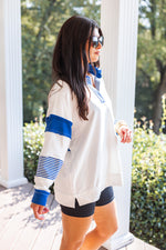 blue white collared gameday pullover