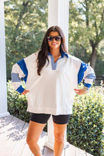 blue white collared gameday pullover