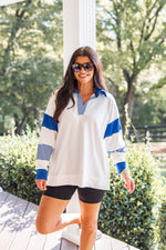 blue white collared gameday pullover