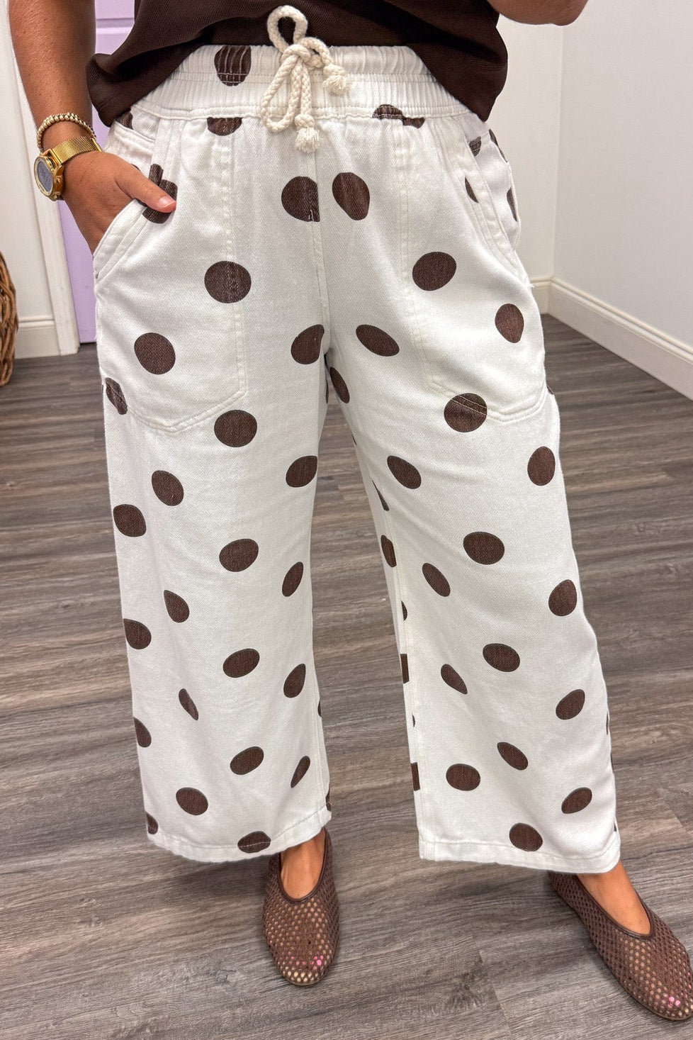 off white with brown polka dot print elastic waist wide leg cotton pants with front pockets