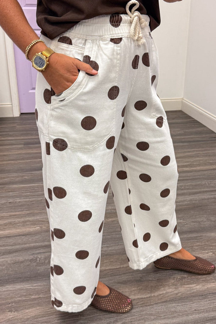 off white with brown polka dot print elastic waist wide leg cropped cotton pants