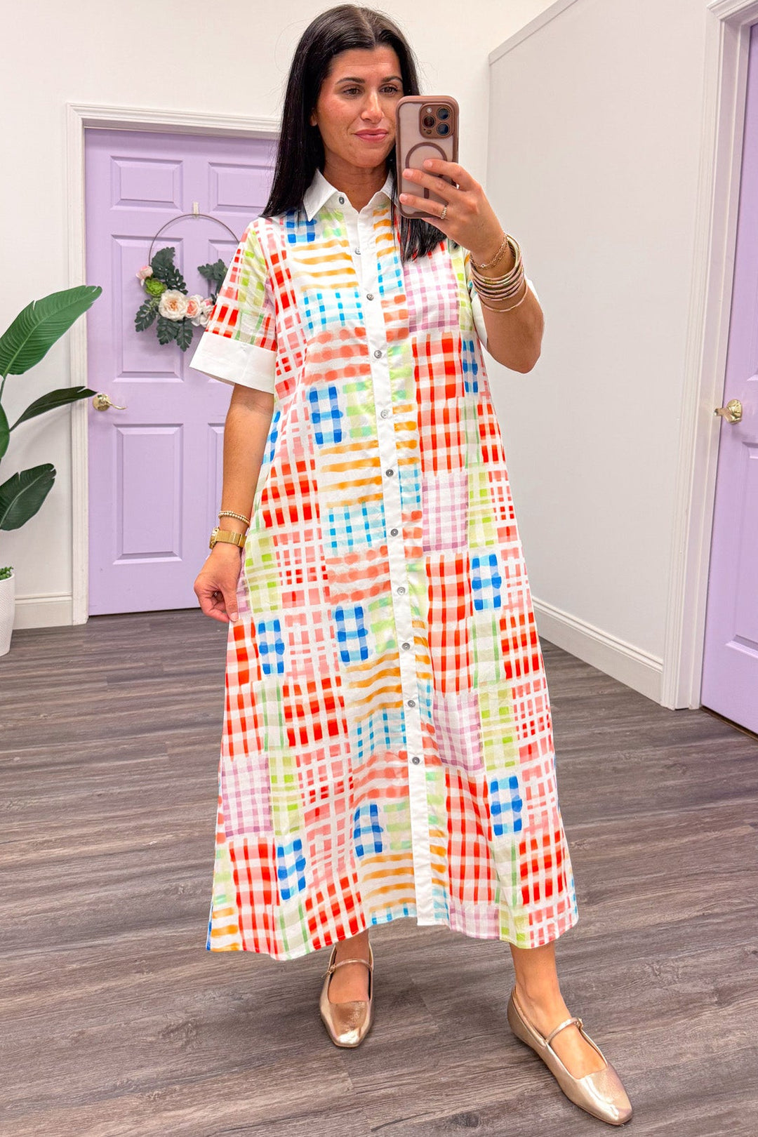 multicolored abstract plaid print button down short sleeve midi dress