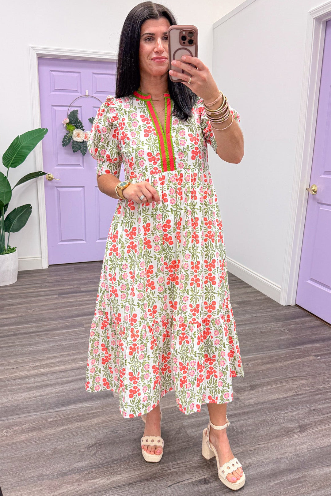 coral and olive floral print short puff sleeve white poplin midi dress