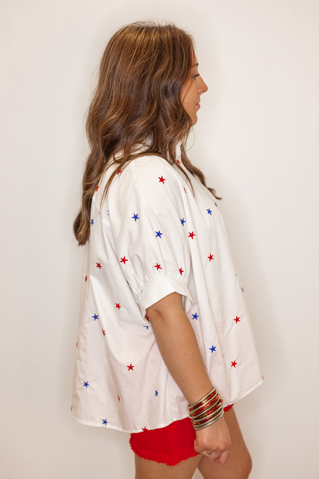 white star embroidered button down shirt 