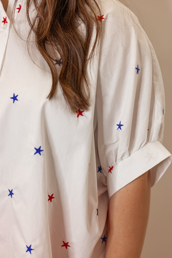 white star embroidered button down shirt 