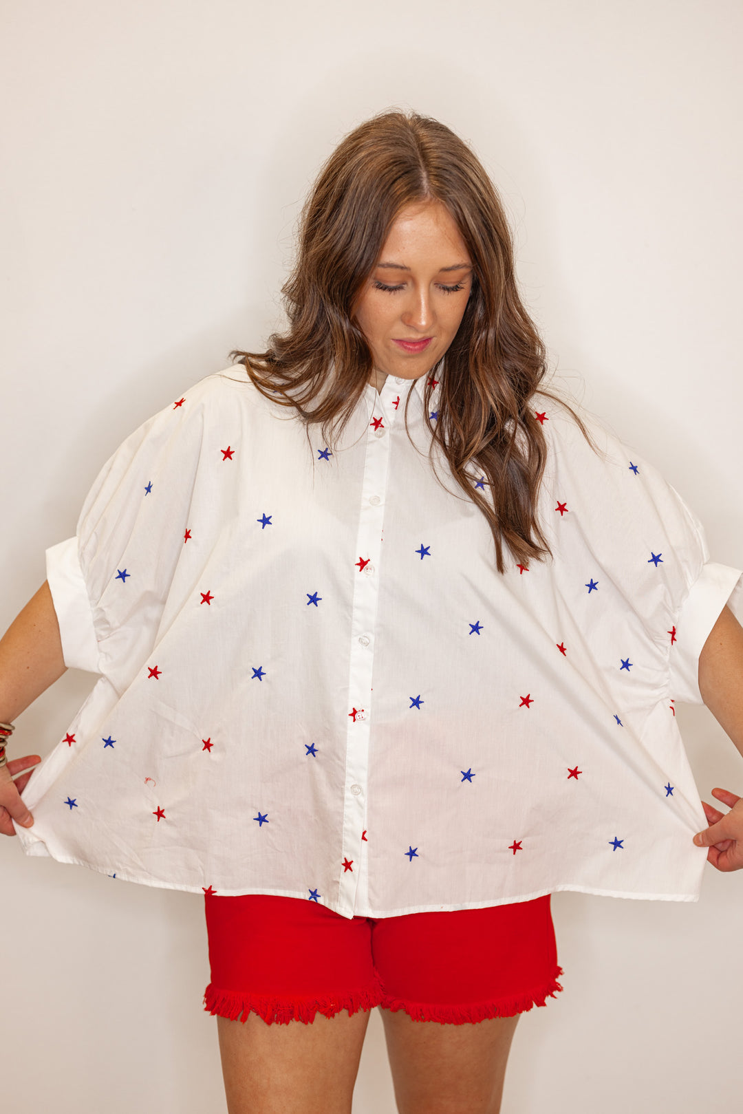 white star embroidered button down shirt 
