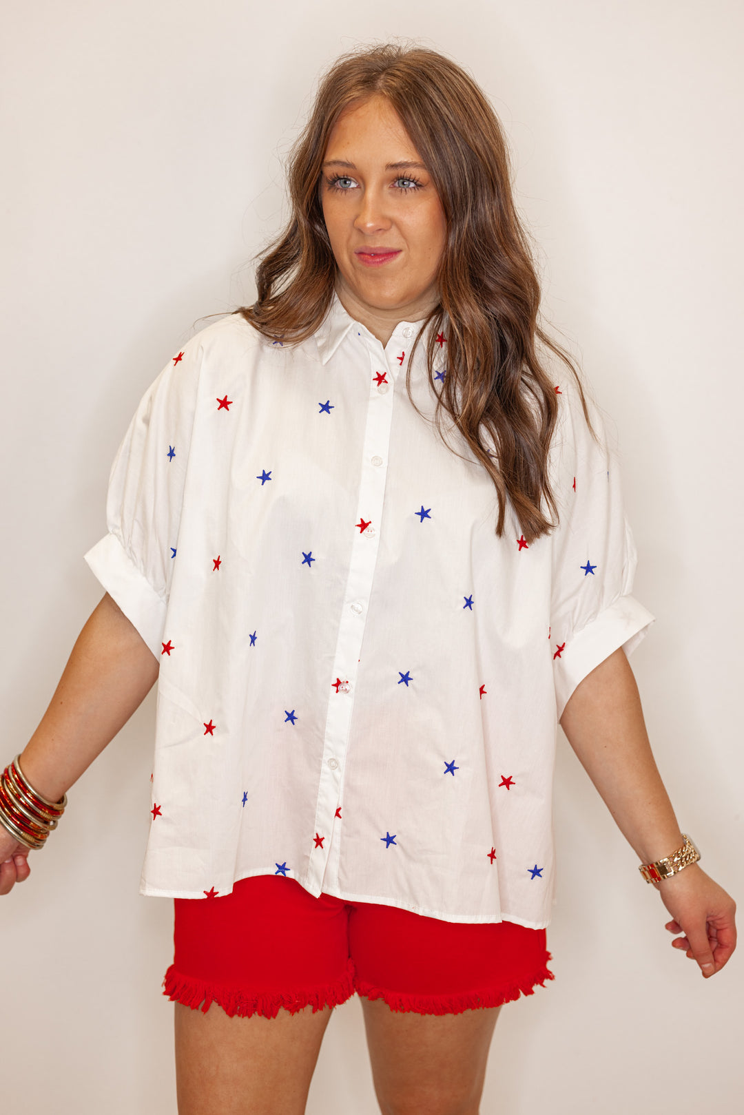 white star embroidered button down shirt 