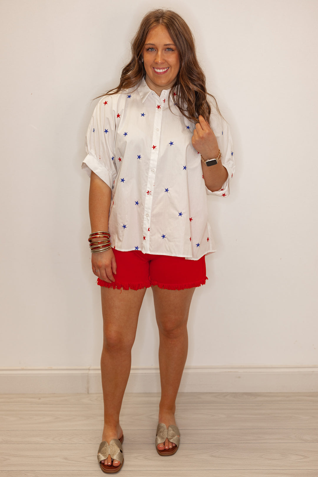 white star embroidered button down shirt 