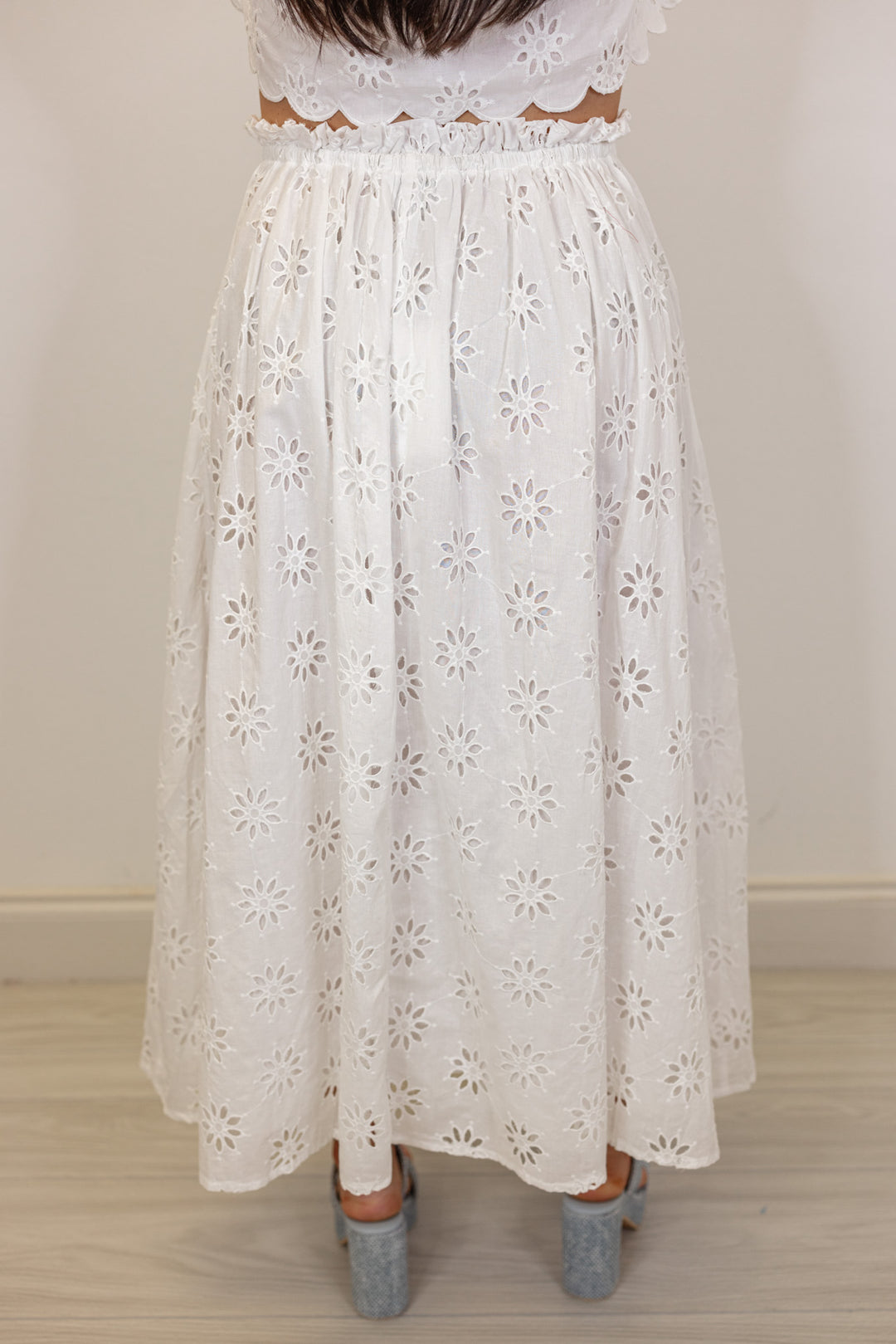 white eyelet floral tie top midi skirt set