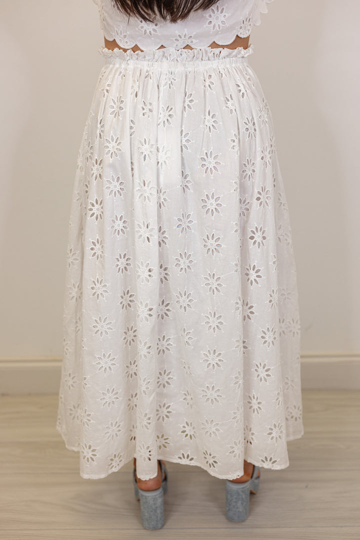 white eyelet floral tie top midi skirt set