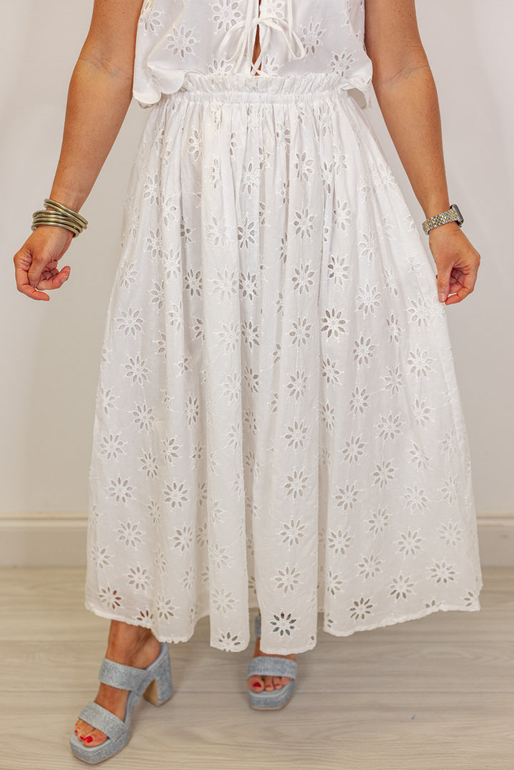 white eyelet floral tie top midi skirt set