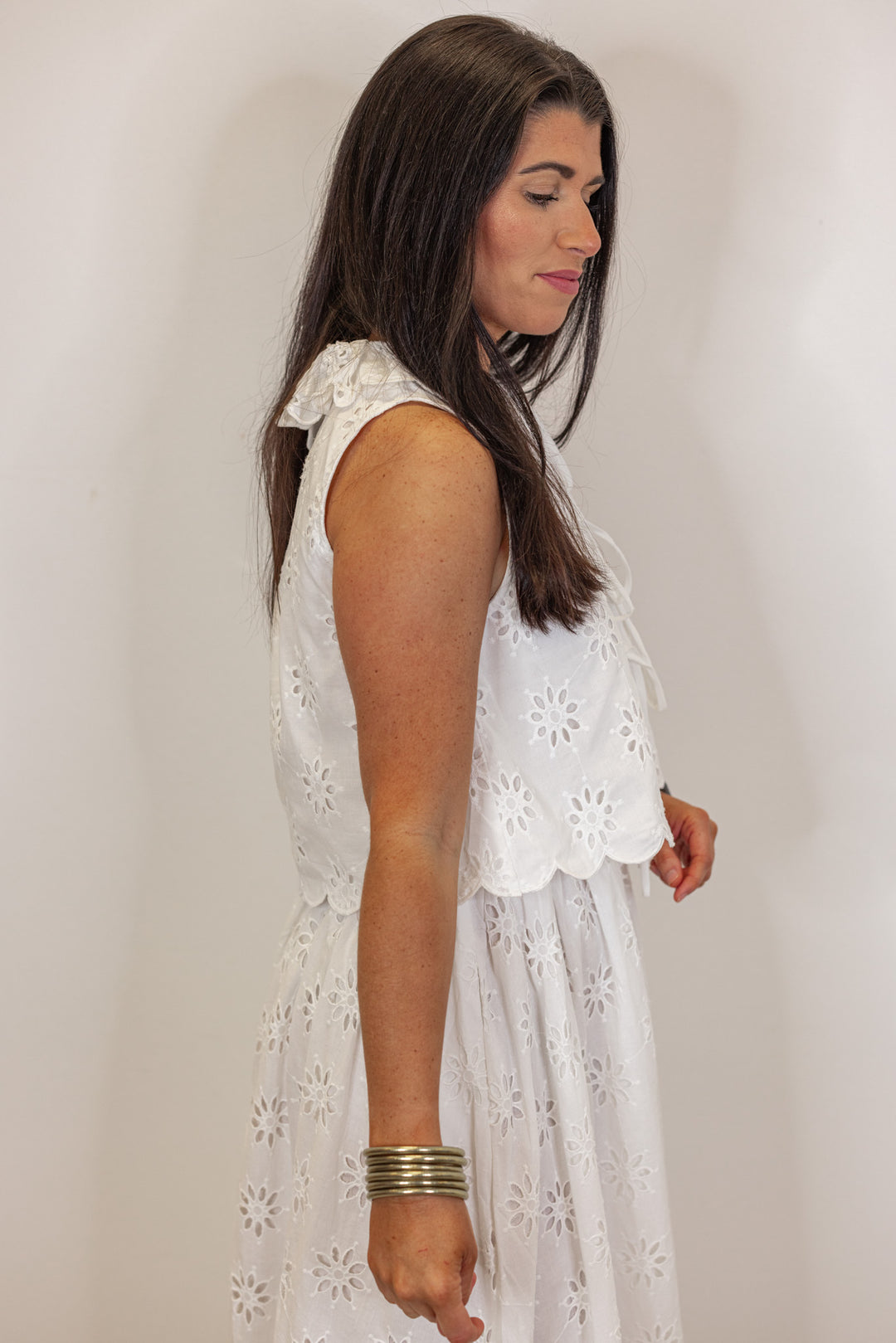 white eyelet floral tie top midi skirt set