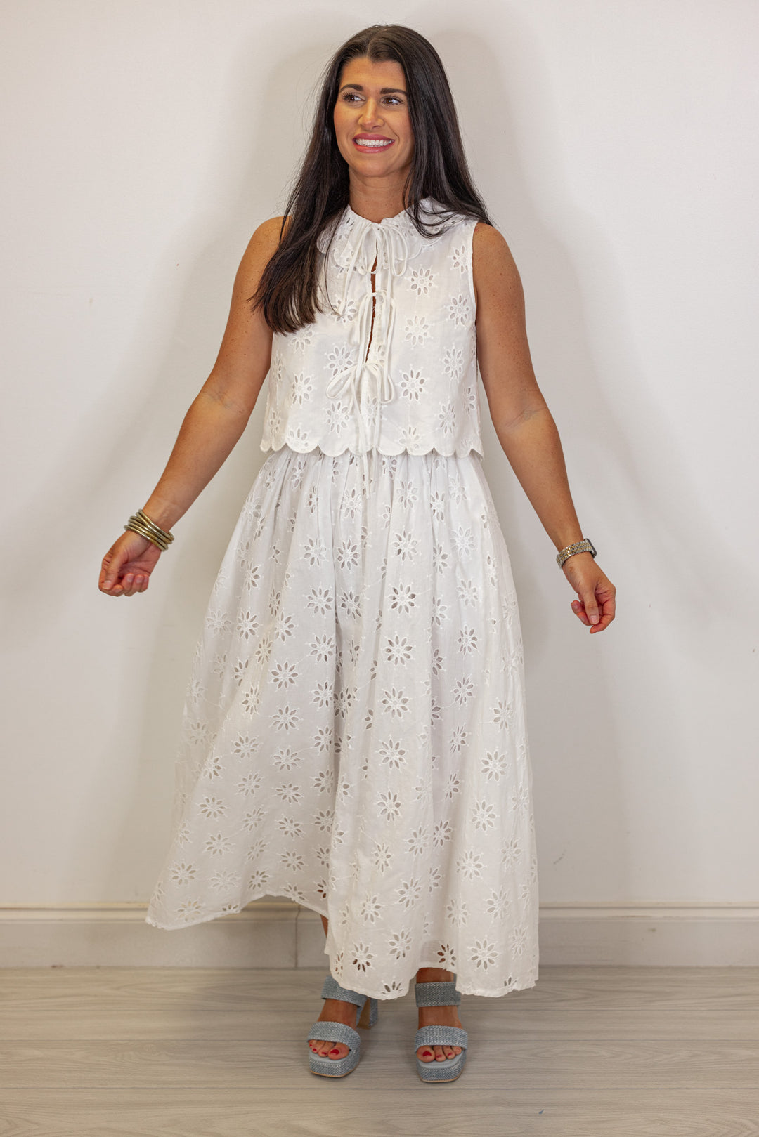 white eyelet floral tie top midi skirt set