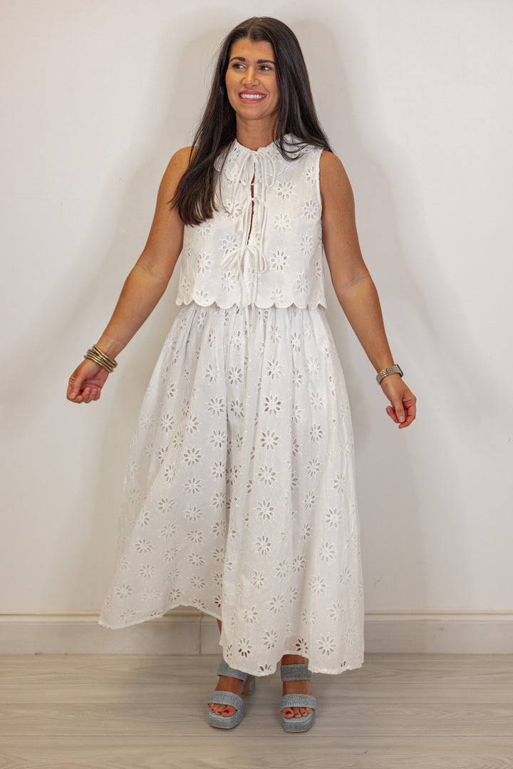 white eyelet floral tie top midi skirt set