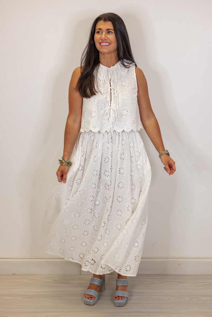 white eyelet floral tie top midi skirt set