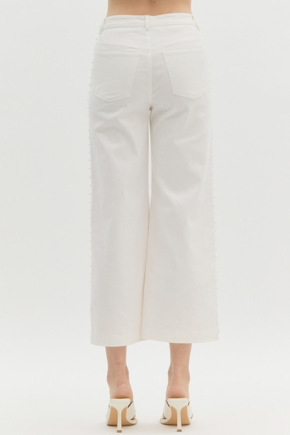 Entro White wide leg denim pants with embellished pearl trim