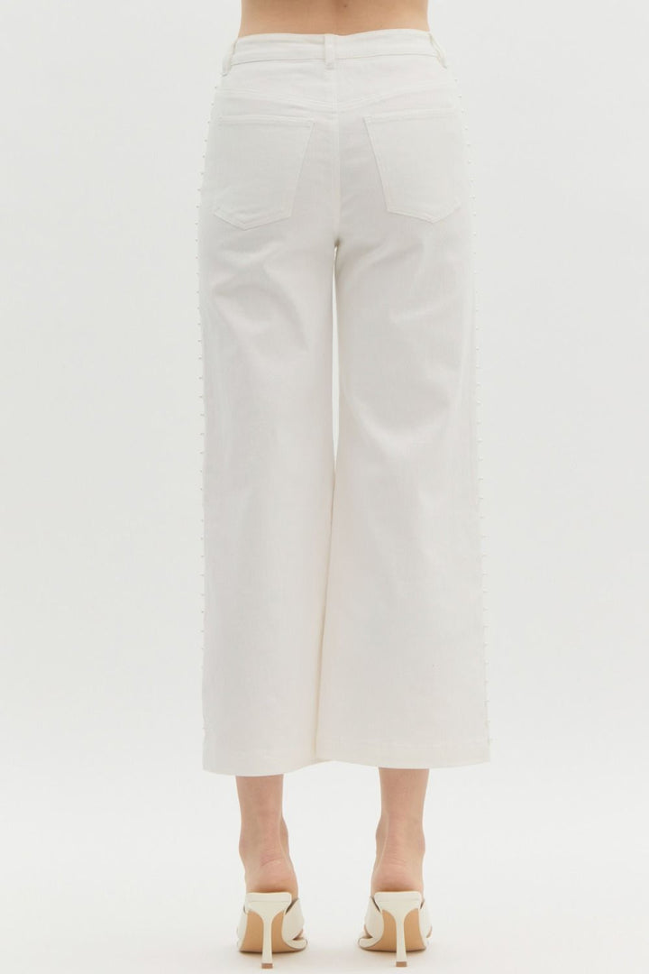Entro White wide leg denim pants with embellished pearl trim