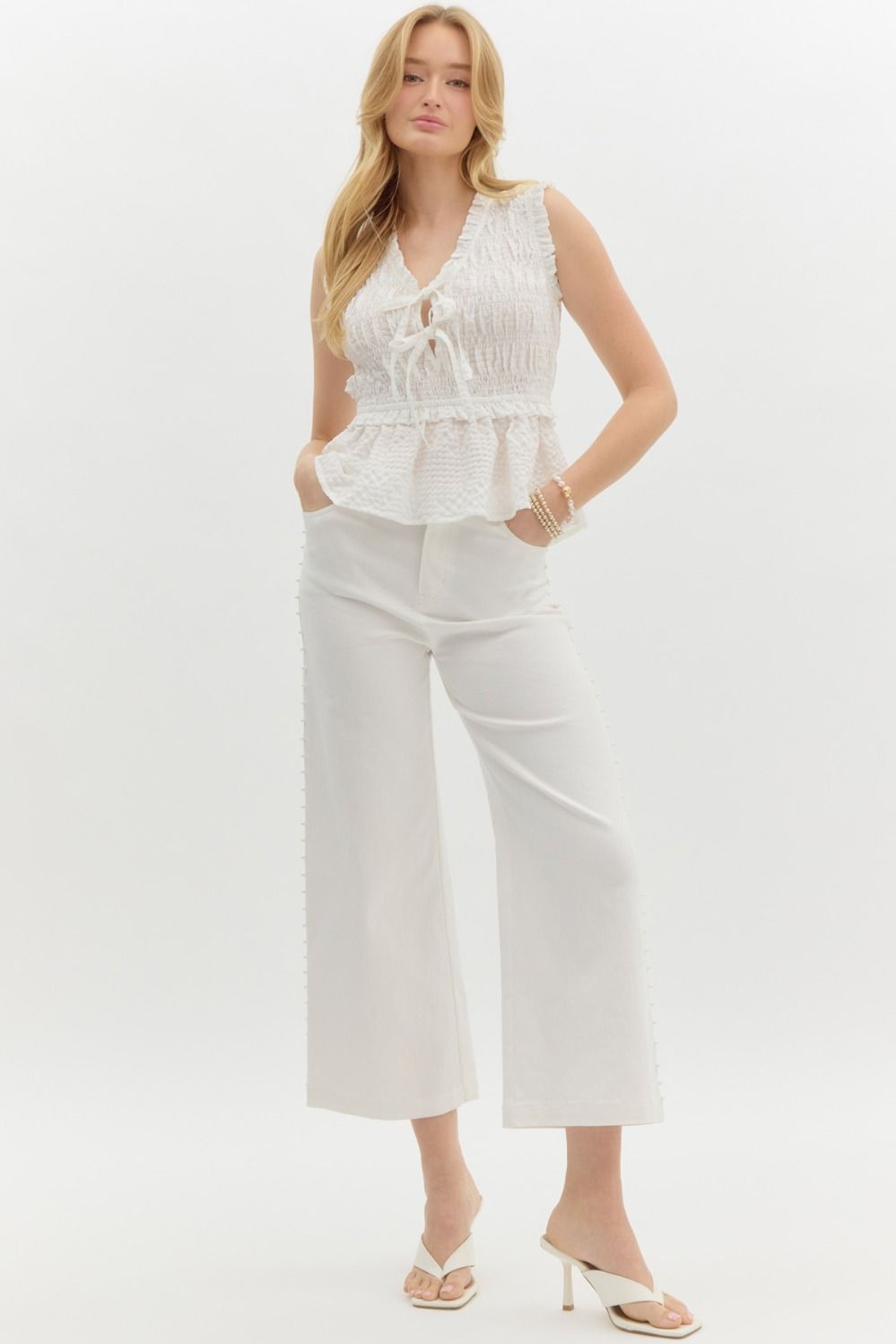 Entro White wide leg denim pants with embellished pearl trim