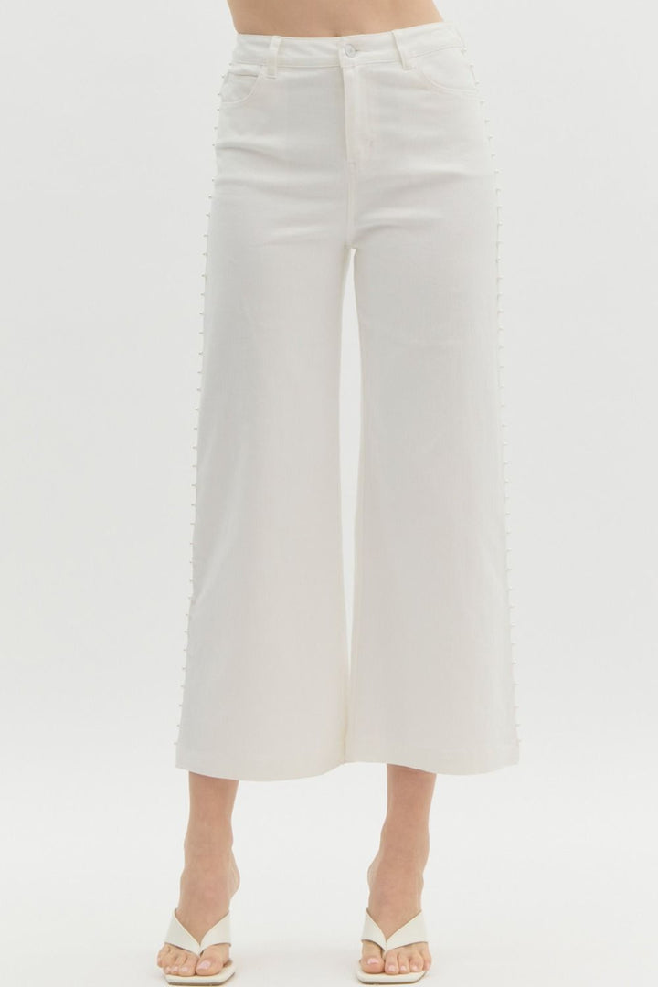 Entro White wide leg denim pants with embellished pearl trim