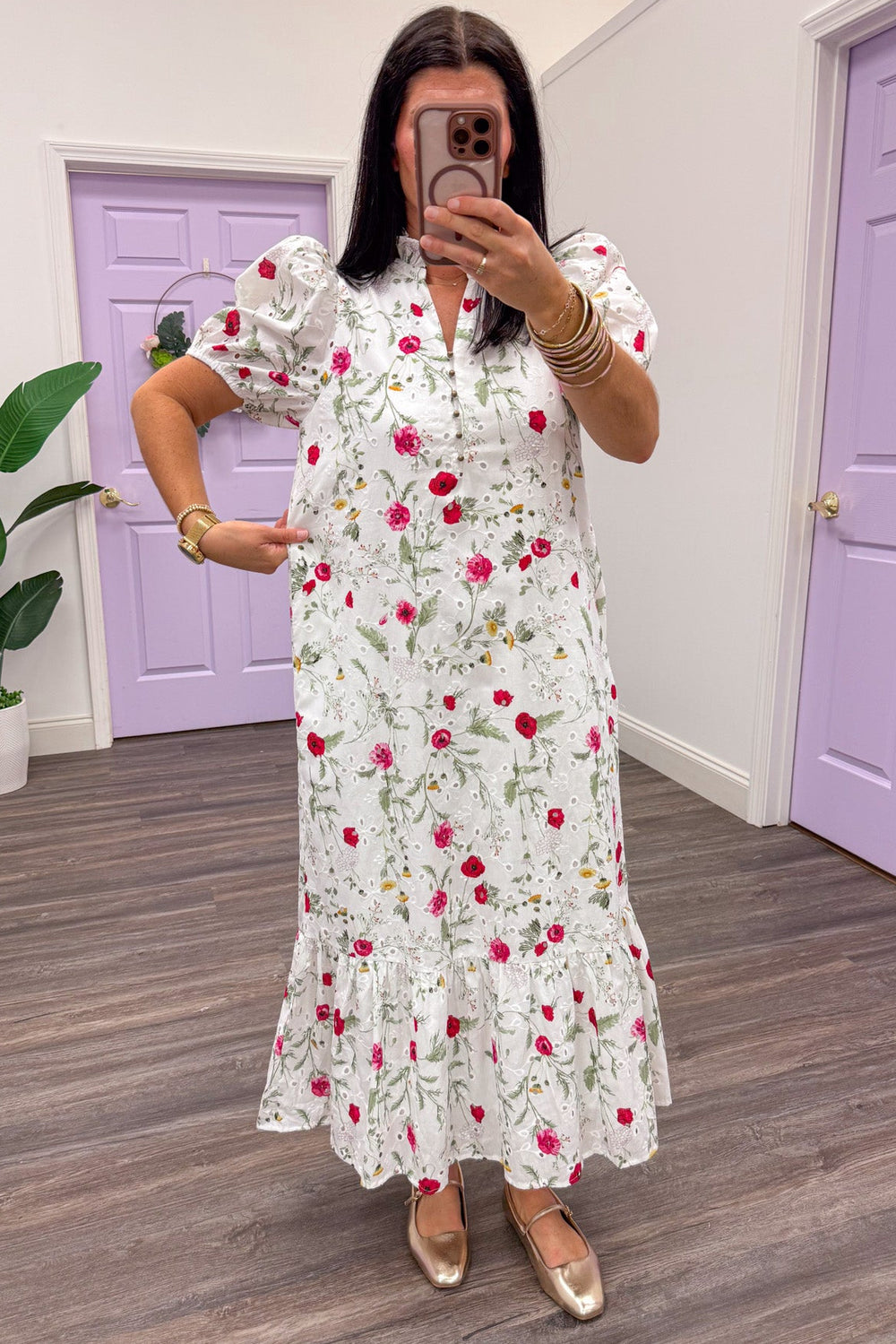 pink floral eyelet detail white midi dress ruffle hem relaxed silhouette