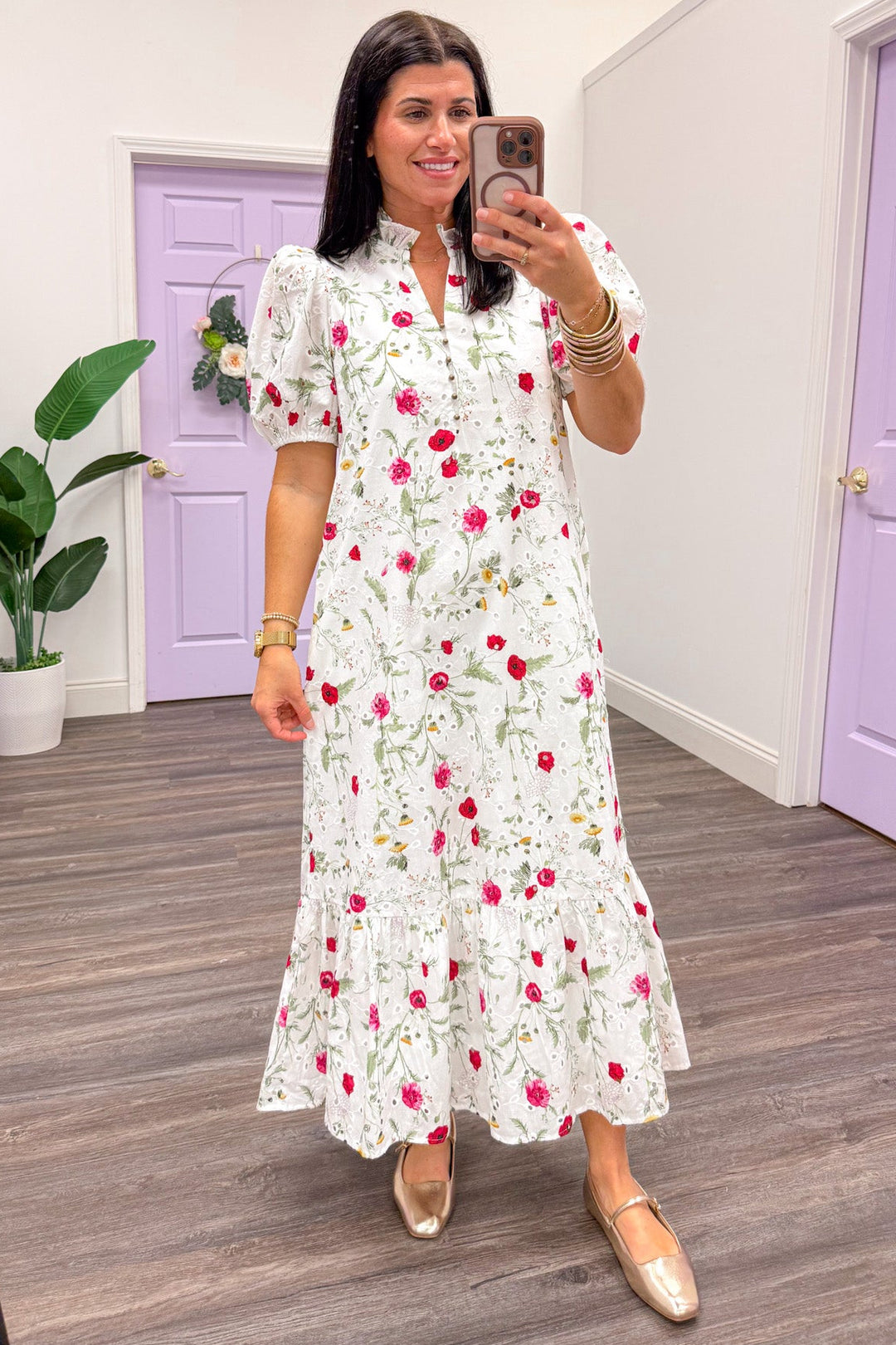 pink and green floral eyelet embroidery white poplin midi dress