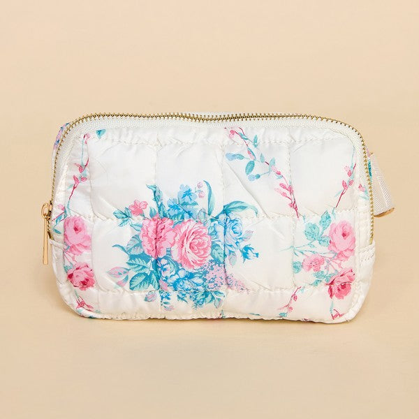 Pretty Follies TCEC White quilted puffer crossbody/fanny pack with pink and light green floral print