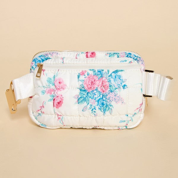 Pretty Follies TCEC White quilted puffer crossbody/fanny pack with pink and light green floral print