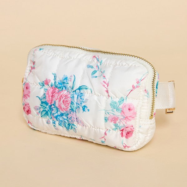 Pretty Follies TCEC White quilted puffer crossbody/fanny pack with pink and light green floral print