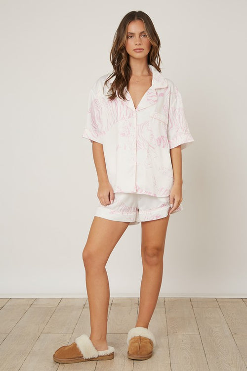 Peach Love California White satin pajama top with pink tiger print