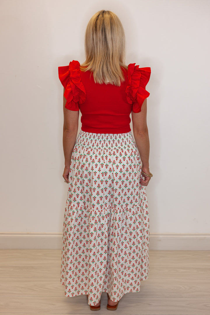 Women's smocked ivory and red floral print tiered poplin maxi skirt by Karlie showing full back view