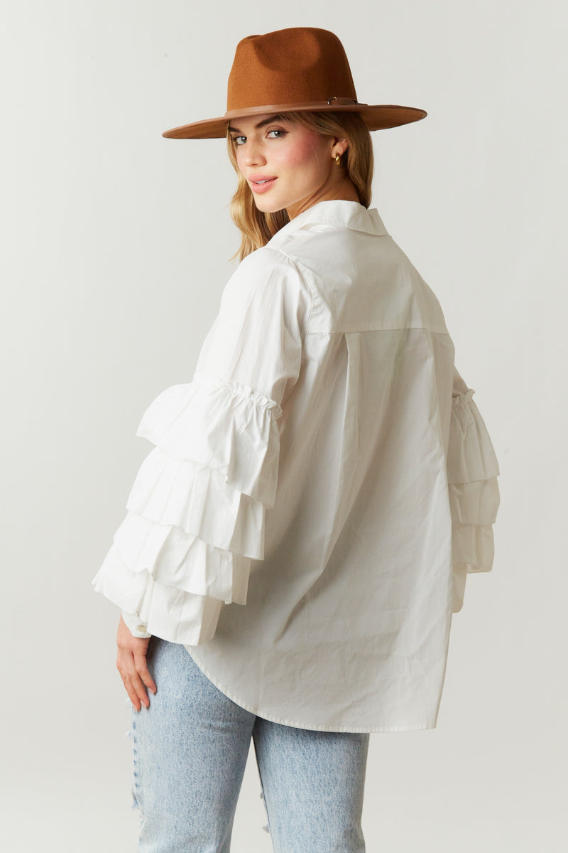 white ruffle sleeve button down top