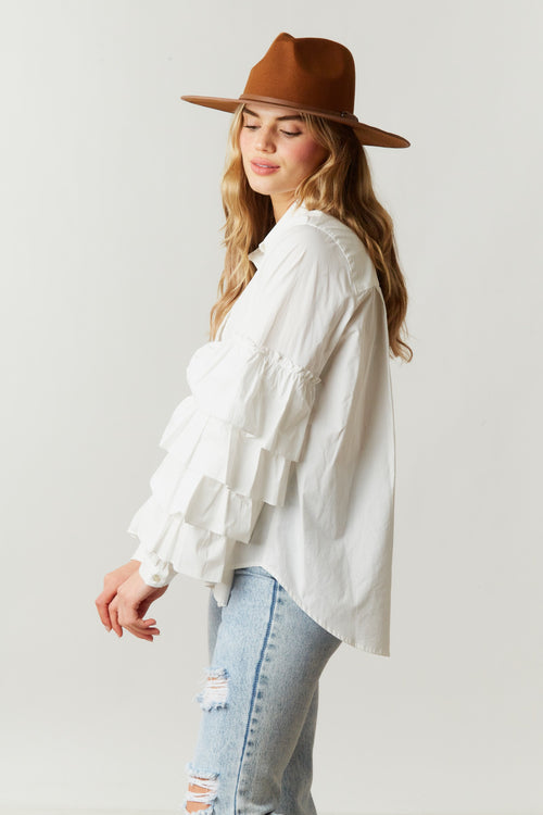 white ruffle sleeve button down top