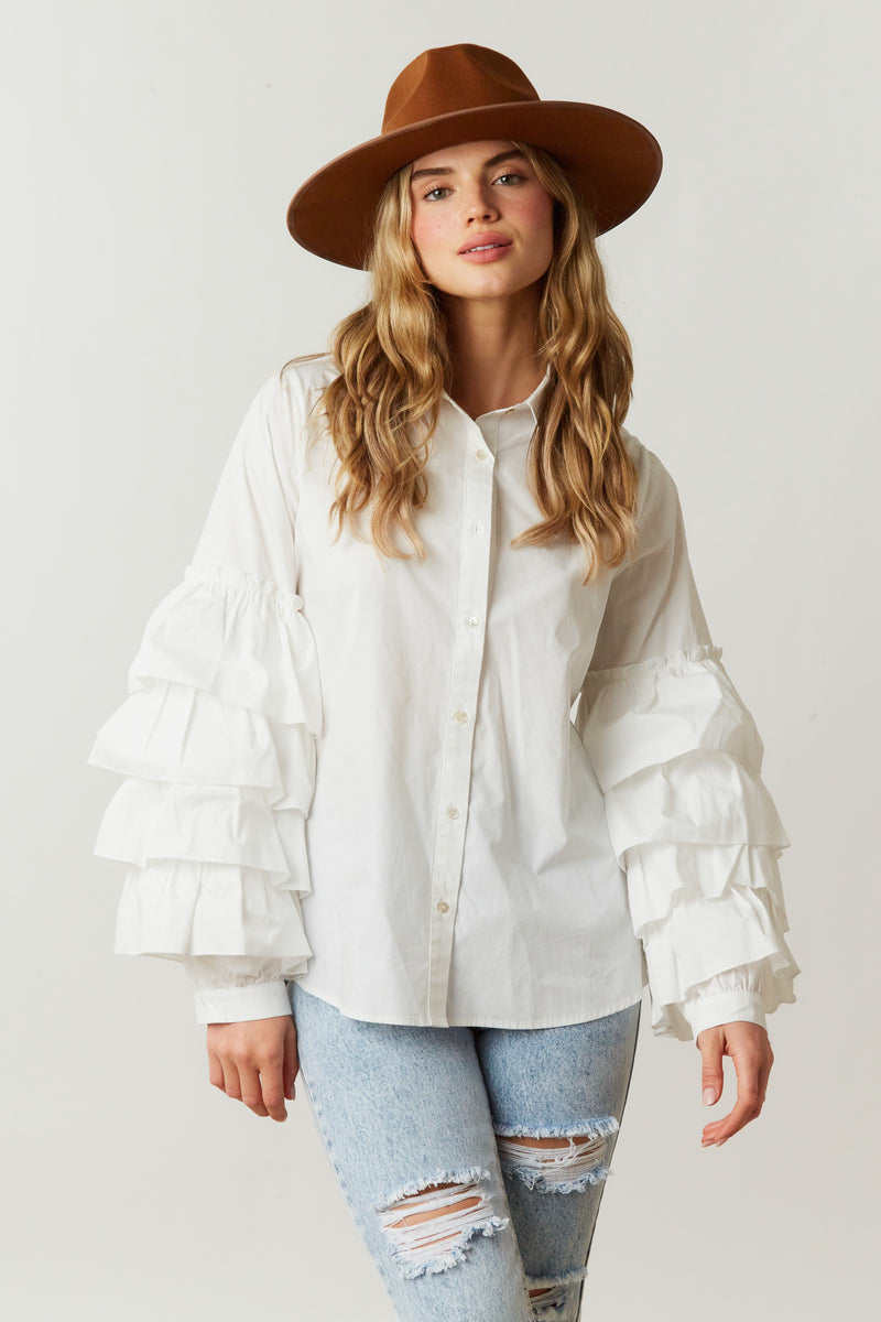 white ruffle sleeve button down top