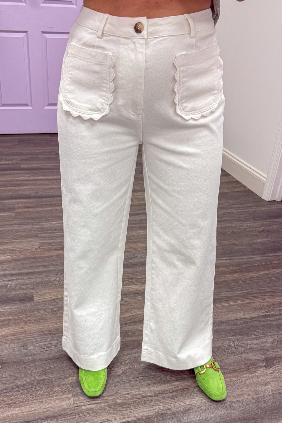off white scallop detail twill denim wide leg pants front pockets