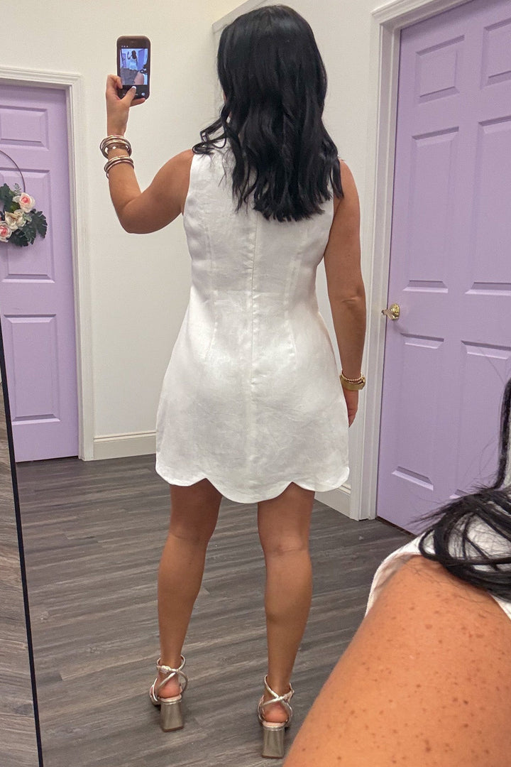 off-white scalloped bottom hem sleeveless linen mini dress back zipper closure