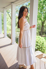 off white taupe piping trim midi dress