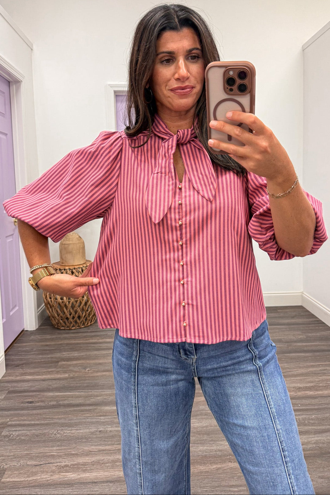 wine and pink vertical striped button front short sleeve tie neck relaxed fit top