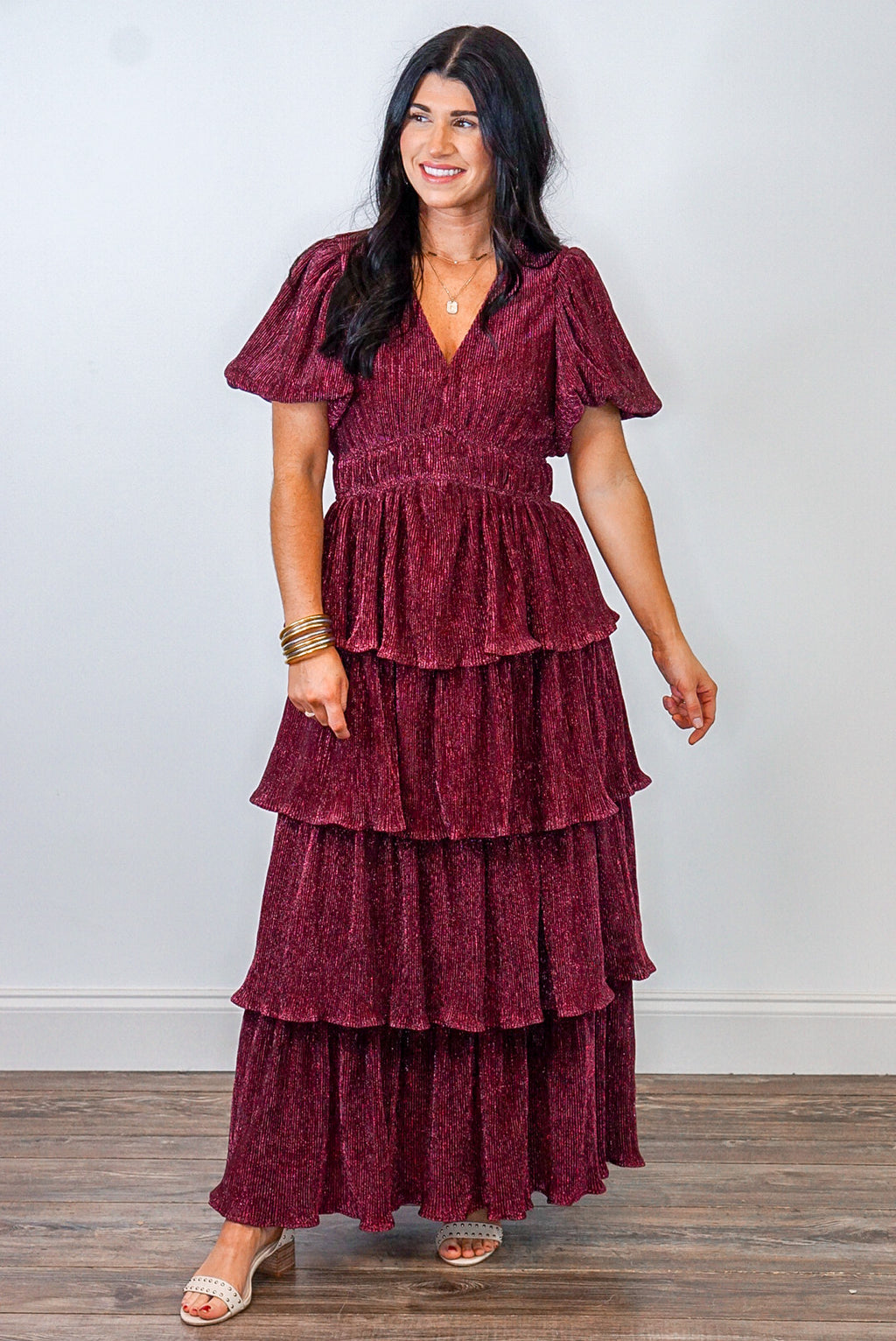 holiday shimmer wine maxi dress