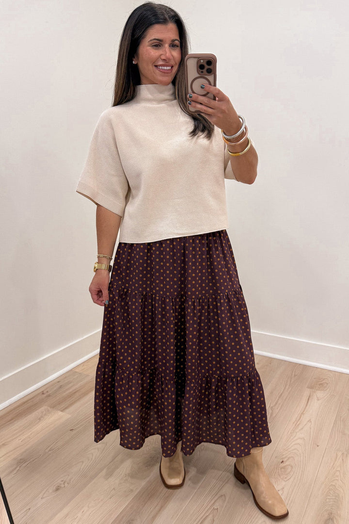 wine with tan polka dot print elastic waistband flowy tiered midi skirt